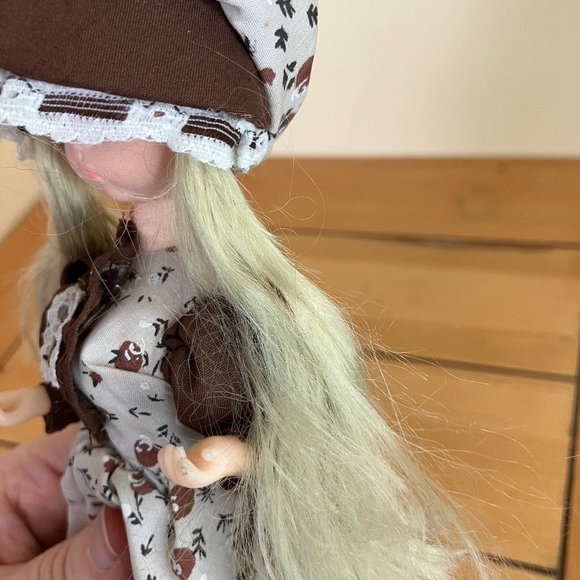Blonde Big Eye Doll Brown Calico Floral Prairie Bonnet & Dress 9" Vintage Korea - Picture 3 of 12
